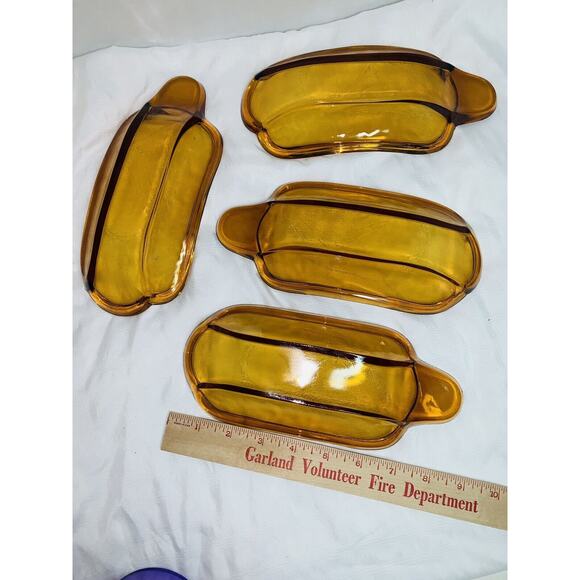 Set of 4 Vintage Amber Glass Banana Split Ice Cream Sundae Boat Dishes - Picture 2 of 13